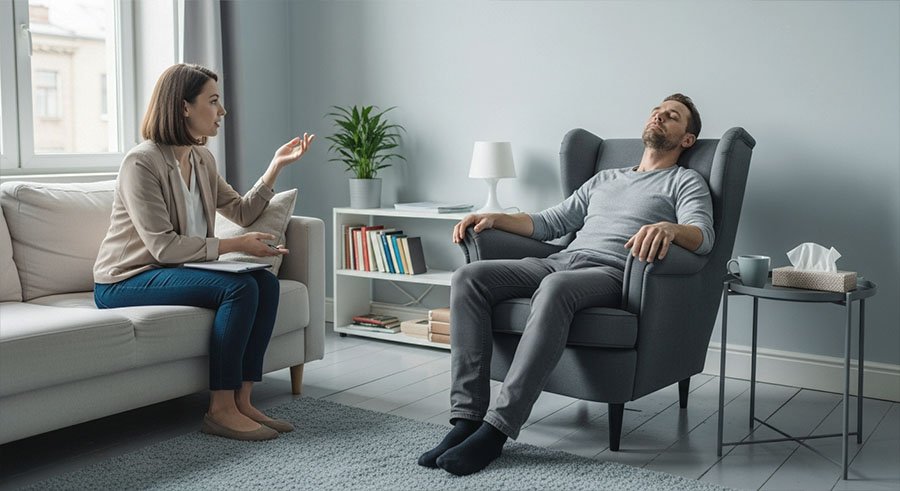 Пациент сидит в кресле закрыв глаза